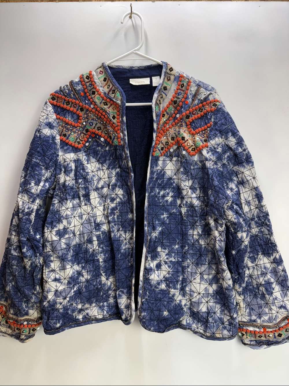 XL 16 Chico's Blue Tie-Dye cotton Jacket with Orange, White Sequin and accents
